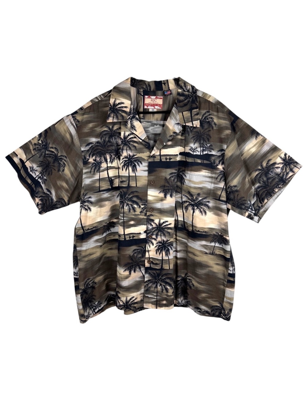 RJC Hawaiian Shirt Men's Size 3X Black Brown Tan Dark Silhouettes Palms Surfers